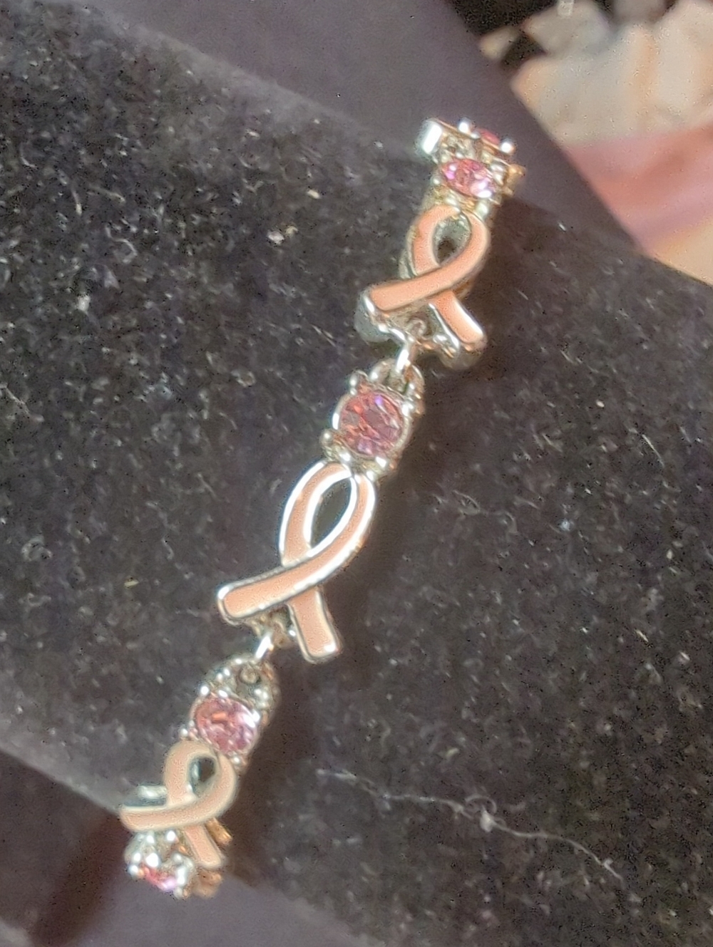 Avon Pink Ribbon Silver-Tone Bracelet with Pink Stones